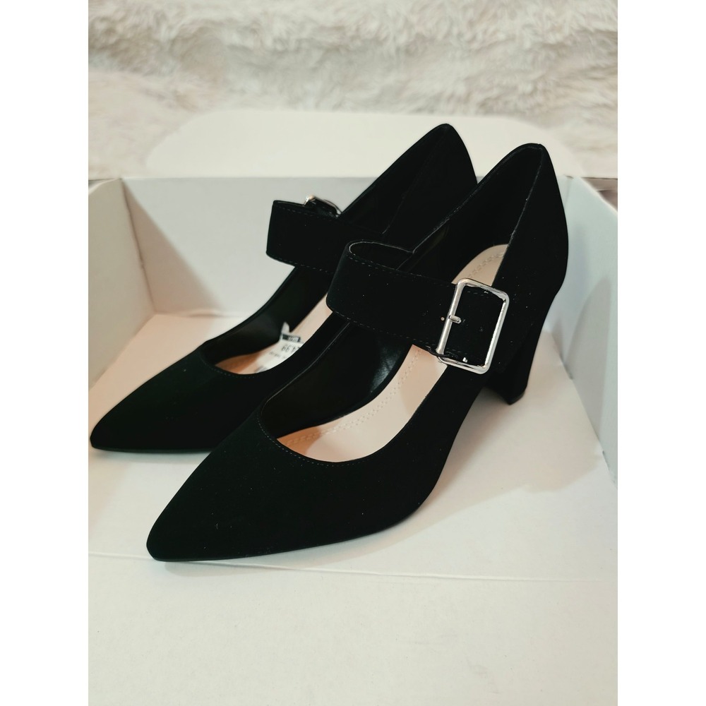 NWOB Impo Black Faux Suede Pointed Toe Mary Jane Block Heels - Women's 7M